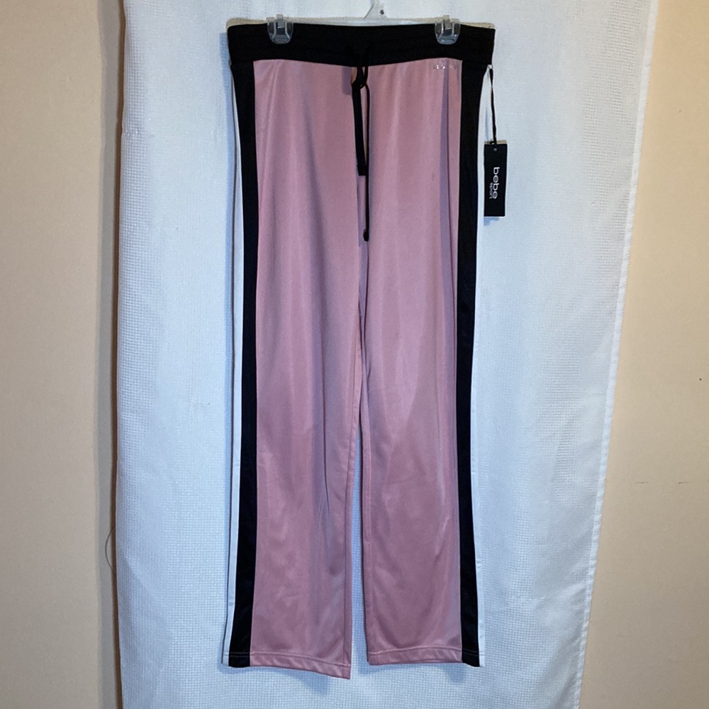 NWT Bebe Size Large Pink Satin Sports Pants.